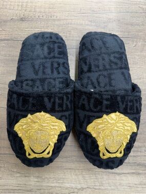 Versace Black Slide Slippers with Gold Medusa Appliqué size medium authentic